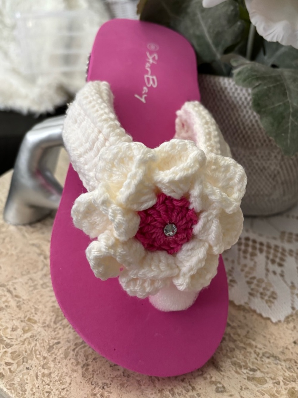 🌸. #5014. Women's Pink Crochet Flower Thong Sandals